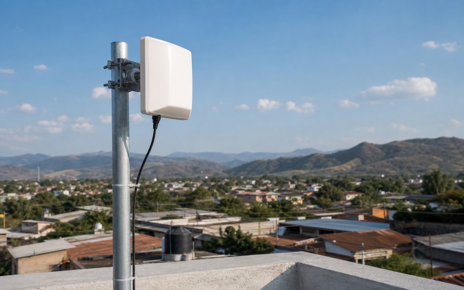Equipo CPE para internet inalámbrico instalado en una azotea con vista a una comunidad