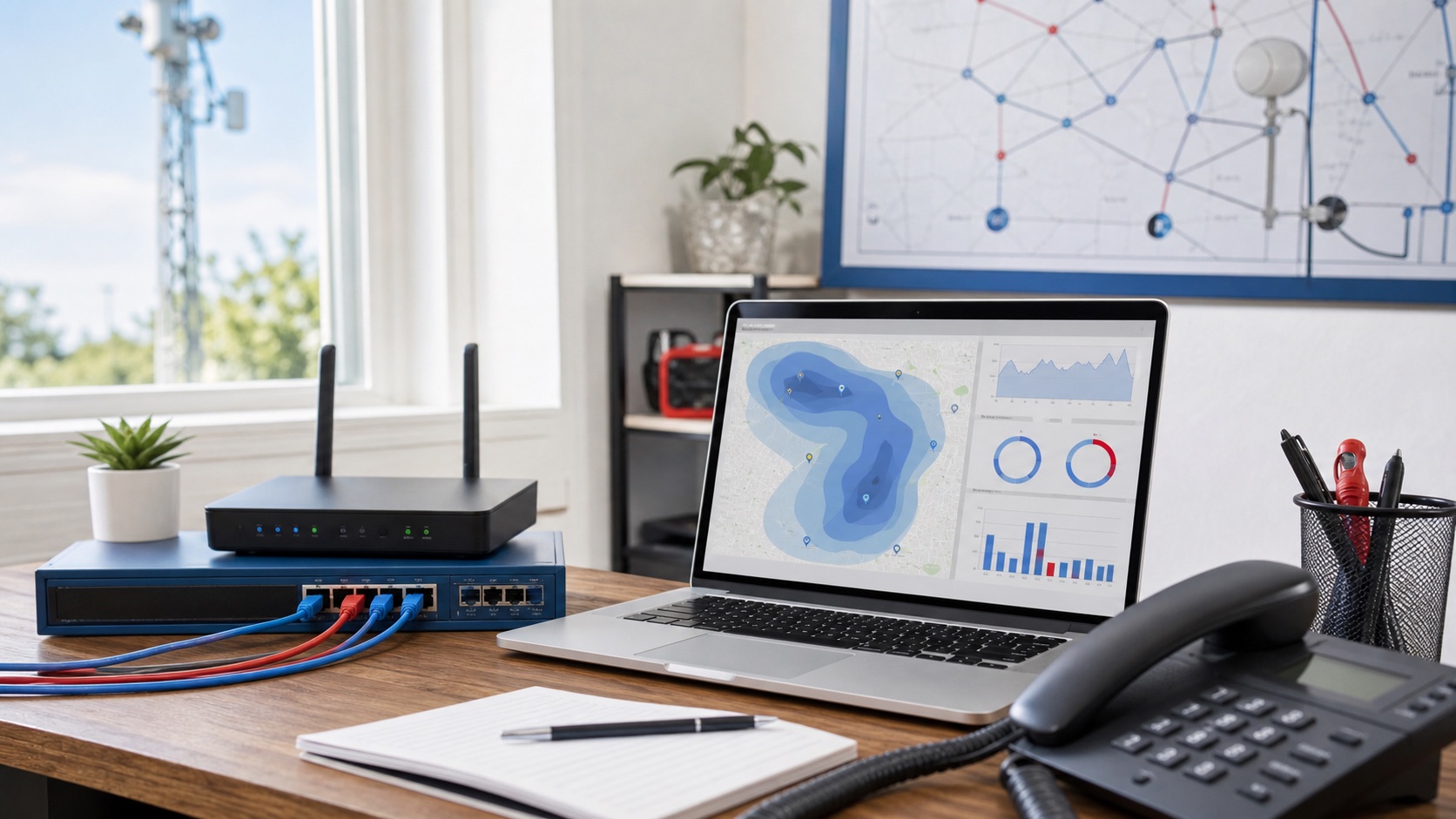 Mesa de soporte con router, switch y monitoreo de cobertura inalámbrica